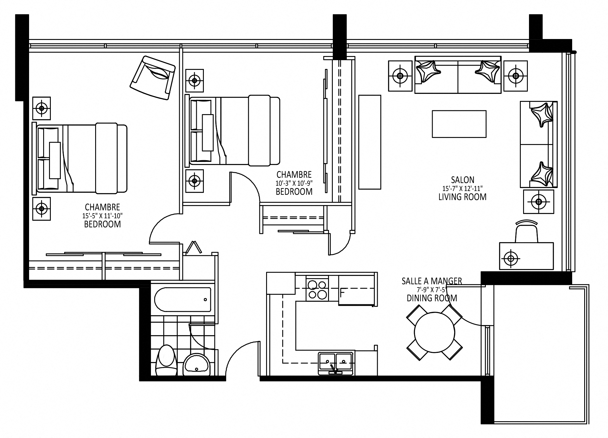 Floor plan for 2 beds, 1 bath, 915 sqft